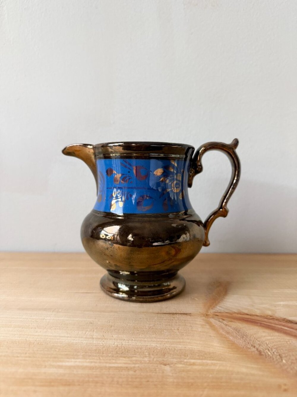 Vintage Copper‑Lustre Creamer Pitcher | Cobalt Blue Band Floral, Victorian Style
